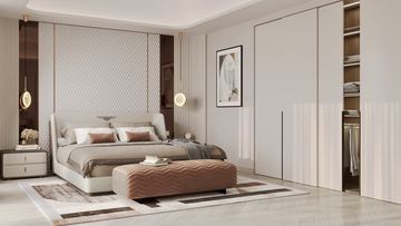 Render: bedroom and dressing, the interior design by Fajr Interiors for Cluster 39, Villa 1, Jumeirah Islands