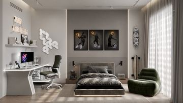 Render: bedroom with desk, the interior design by Fajr Interiors for Cluster 39, Villa 1, Jumeirah Islands