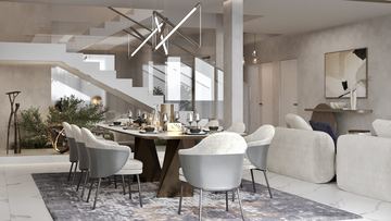 Render: dining under the stair, the interior design by Fajr Interiors for Cluster 39, Villa 1, Jumeirah Islands