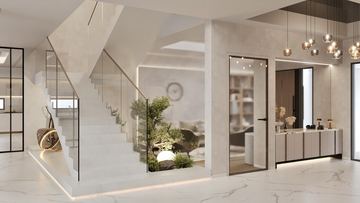 Render: stair, planter and foyer, the interior design by Fajr Interiors for Cluster 39, Villa 1, Jumeirah Islands