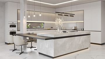 Render: kitchen and island, the interior design by Fajr Interiors for Cluster 39, Villa 1, Jumeirah Islands