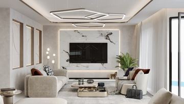 Render: the lounge, tv wall, the interior design by Fajr Interiors for Cluster 39, Villa 1, Jumeirah Islands