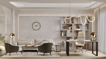 Render: study and sitting area, the interior design by Fajr Interiors for Cluster 39, Villa 1, Jumeirah Islands
