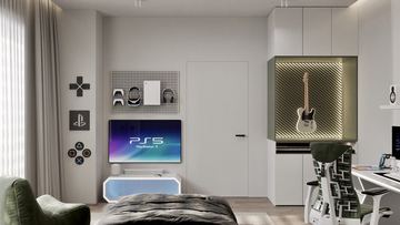 Render: bedroom with games wall, the interior design by Fajr Interiors for Cluster 39, Villa 1, Jumeirah Islands