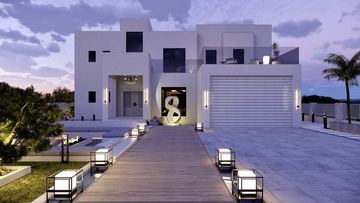 Render: timber deck walkway with lanterns, garage and sculpture, the landscape designed by Fajr Interiors for Cluster 39, Villa 1, Jumeirah Islands