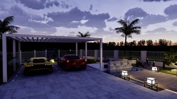 Render: car parking under a pergola, the landscape designed by Fajr Interiors for Cluster 39, Villa 1, Jumeirah Islands