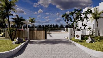 Render: entrance gate and driveway, with the Villa 1 sign, the landscape designed by Fajr Interiors for Cluster 39, Villa 1, Jumeirah Islands