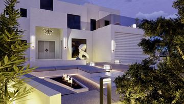 Render: fire pit seating by the entrance, the landscape designed by Fajr Interiors for Cluster 39, Villa 1, Jumeirah Islands