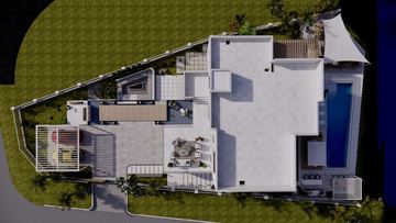 Render: the whole plot from above, the landscape designed by Fajr Interiors for Cluster 39, Villa 1, Jumeirah Islands