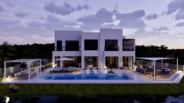 Render: the pool, terraces and shade structures at dusk, the landscape designed by Fajr Interiors for Cluster 39, Villa 1, Jumeirah Islands