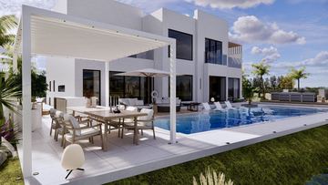 Render: pergola dining beside the pool, the landscape designed by Fajr Interiors for Cluster 39, Villa 1, Jumeirah Islands