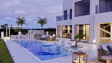 Render: the pool and terrace at dusk, the landscape designed by Fajr Interiors for Cluster 39, Villa 1, Jumeirah Islands