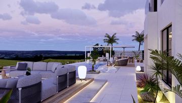 Render: lounge seating by the pool, the landscape designed by Fajr Interiors for Cluster 39, Villa 1, Jumeirah Islands