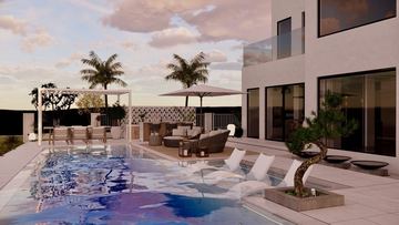 Render: pool terrace and lounge, the landscape designed by Fajr Interiors for Cluster 39, Villa 1, Jumeirah Islands
