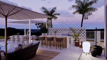 Render: outdoor kitchen and bar under shade, the landscape designed by Fajr Interiors for Cluster 39, Villa 1, Jumeirah Islands
