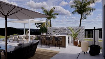 Render: outdoor kitchen, bar and dining, the landscape designed by Fajr Interiors for Cluster 39, Villa 1, Jumeirah Islands