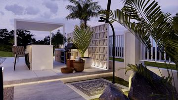 Render: outdoor kitchen and screen wall, the landscape designed by Fajr Interiors for Cluster 39, Villa 1, Jumeirah Islands
