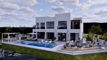 Render: the villa and garden from the lawn, the landscape designed by Fajr Interiors for Cluster 39, Villa 1, Jumeirah Islands