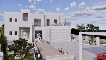Render: front elevation, deck and garden, the landscape designed by Fajr Interiors for Cluster 39, Villa 1, Jumeirah Islands