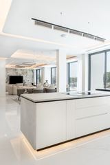 Photograph: the kitchen island, the finished villa, Cluster 39, Villa 1, Jumeirah Islands, by Fajr Interiors